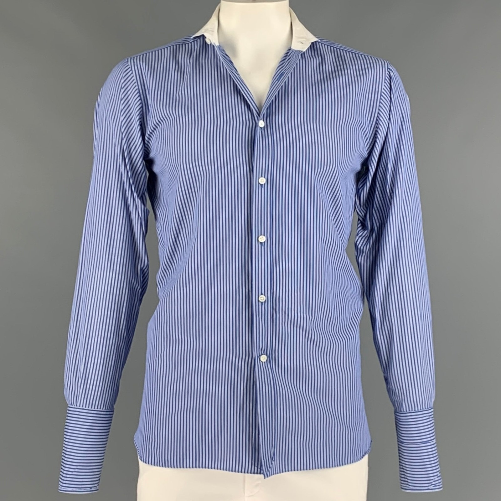 Ralph Lauren Size L Blue White Stripe Cotton French Cuff Long Sleeve Shirt